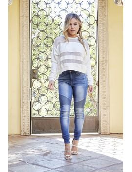 white striped sweater with blue jeans and sandals