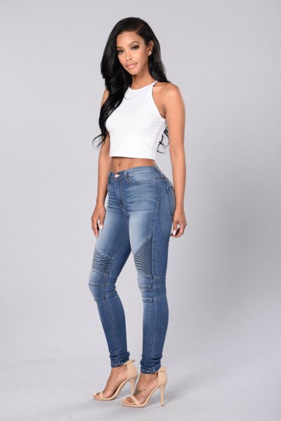 White Cropped Halter Top With Blue Washed Skinny Moto Jeans