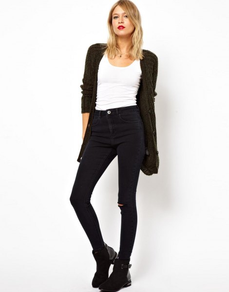 black cardigan with white tank top and high jeans