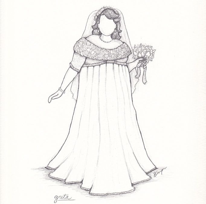 Greta's plus size custom wedding dress sketch by Brooks Ann Camper.