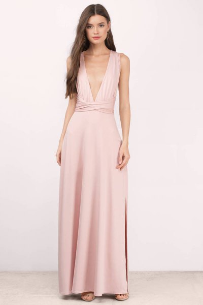 blush pink deep v-neck maxi dress