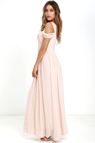 Pink Floor Length Pleated Chiffon Cold Shoulder Dress