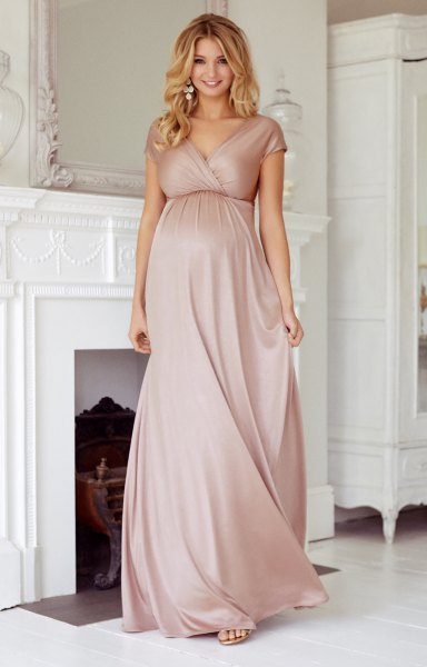 pink maternity short sleeve maxi wrap dress