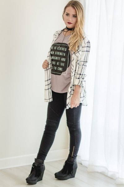 white and gray plaid boyfriends shirt with blush pink cool graphic tee