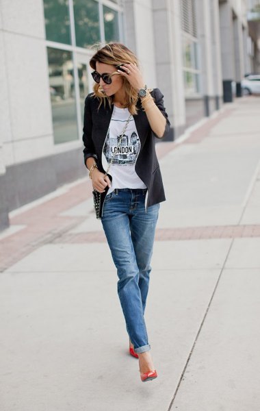 black leather jacket with white t-shirt and cuffed jeans