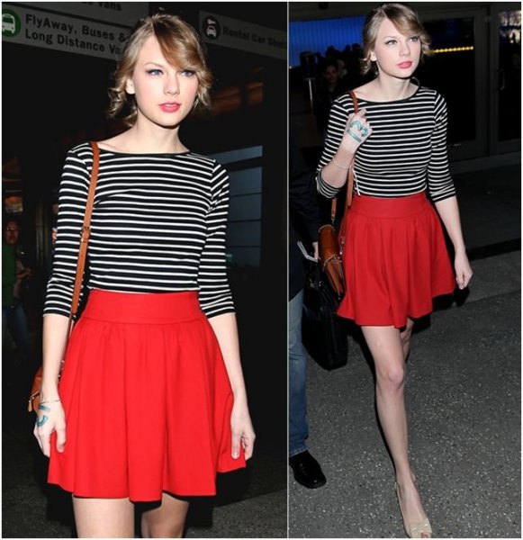 black and white striped half sleeve t-shirt red flared skirt