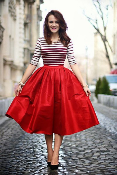 white and black striped red midi flare skirt