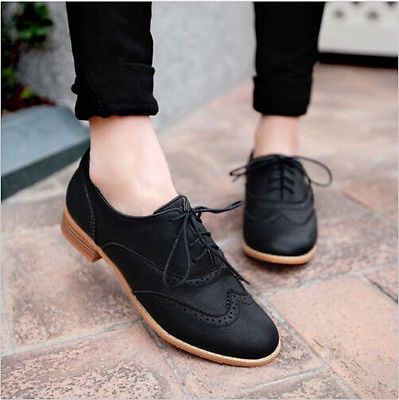 Brogue women lace up wing tip flat fashion oxford college style.
