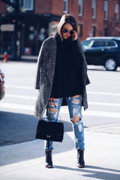 heather gray coat with ripped boyfriend jeans and open leather leather boots
