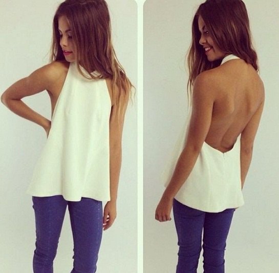 white backless halter top jeans in royal blue