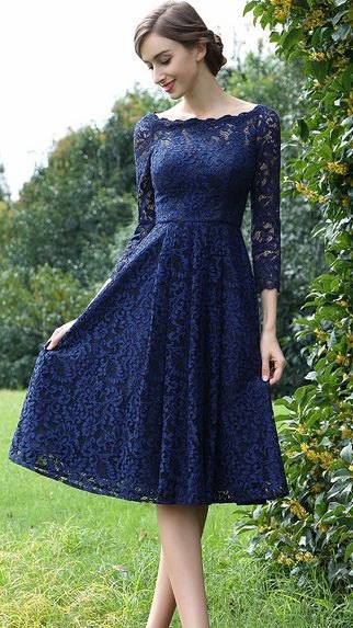 Long sleeve fit with boat neckline and lace flared dress