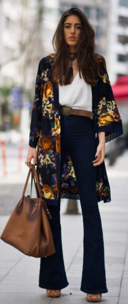 black floral midi kimono cardigan paired with flared jeans