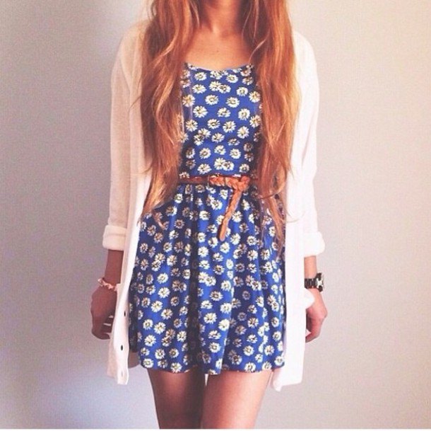 Floral dress with blue belt and white cardigan