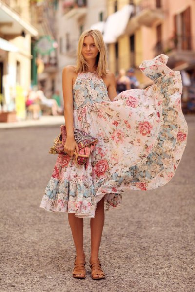 white halter fit dress and flared midi ruffle floral sundress