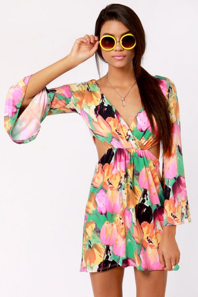 Pink and Sky Blue Floral Wrap Mini Dress