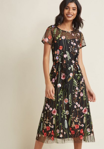 Black, two-layer, semi-transparent, floral mini dress
