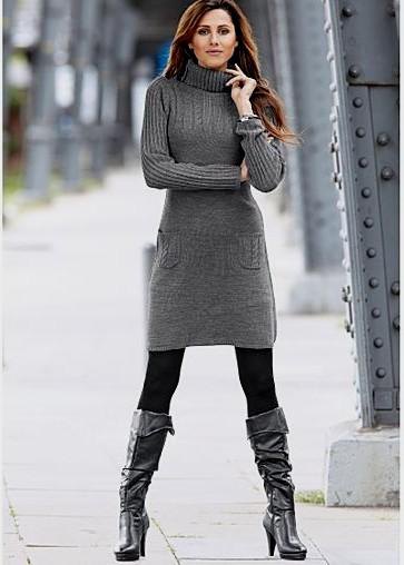 gray turtleneck dress with black knee high leather boots
