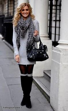 Gray Ribbed Sweater Dress with Leopard Knit Scarf