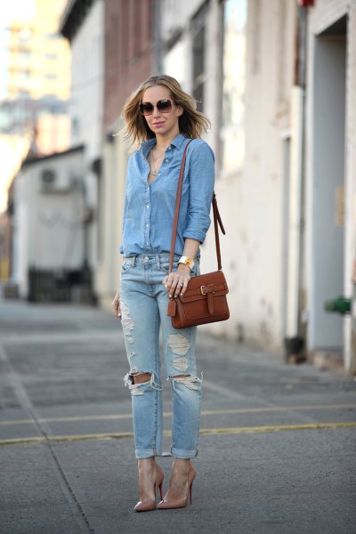 Light blue button down chambray shirt and ripped boyfriend jeans