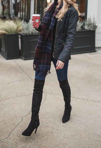dark blue and black checked wool scarf