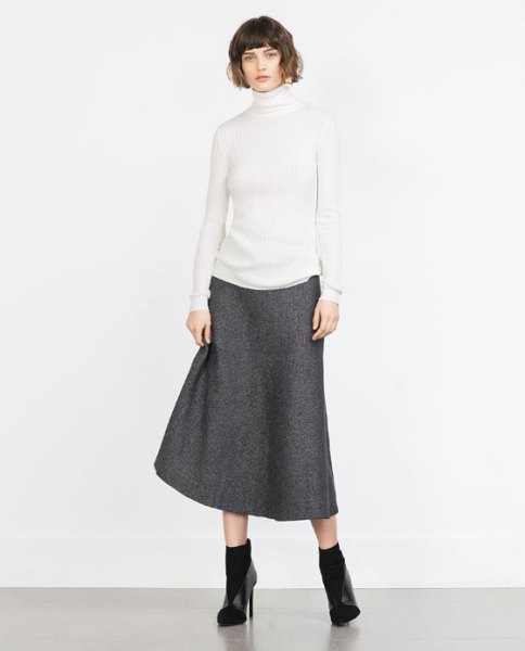 white mock neck sweater gray wool skirt