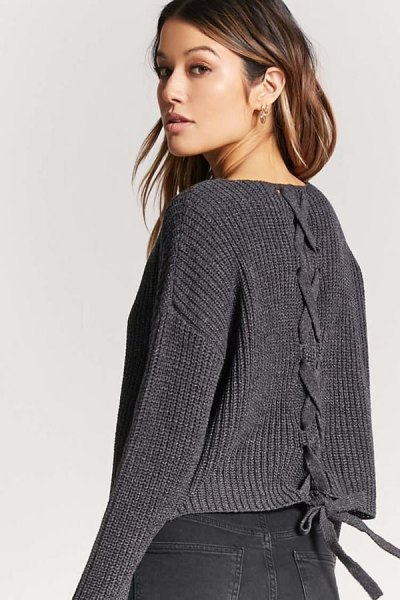 Charcoal V-neck ribbed lace-up sweater