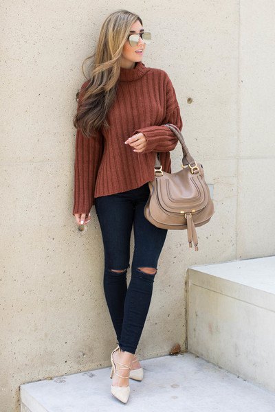 Green ribbed faux neck sweater, black jeans