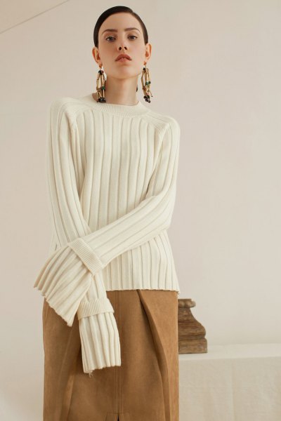 white ribbed sweater camel wool skirt