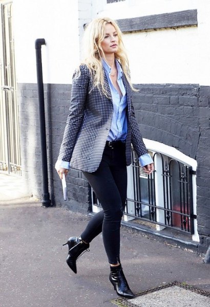 Pointed toe ankle boots and polka dot blazer