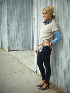 blue chambray shirt with white short sleeve sweater