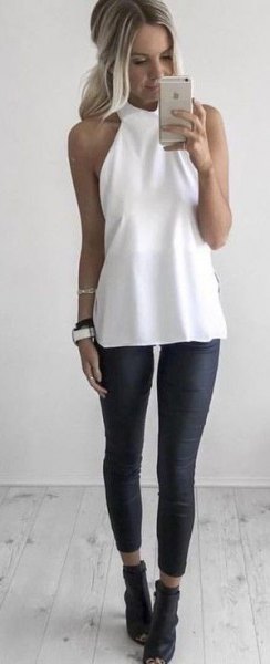 White halter tunic top with black cropped leggings