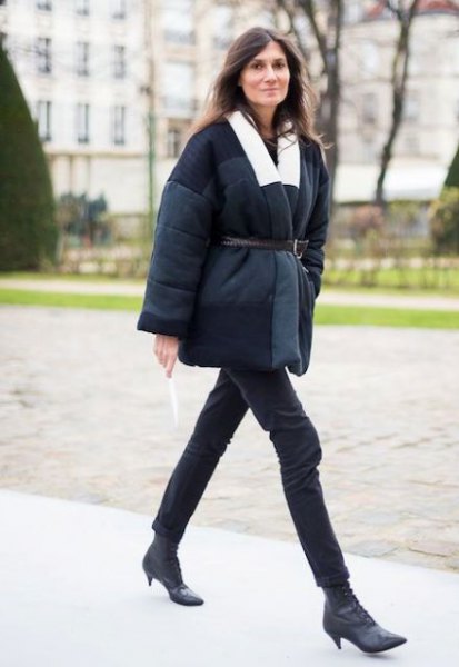 Black belted coat and short leather kitten heel boots