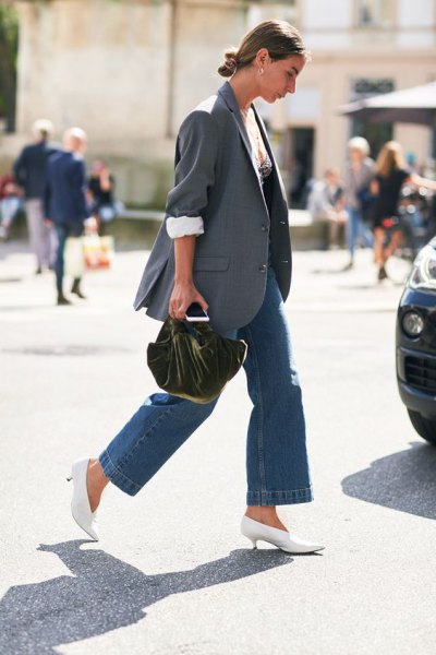 gray blazer with blue wide-leg jeans and white kitten-heeled boots