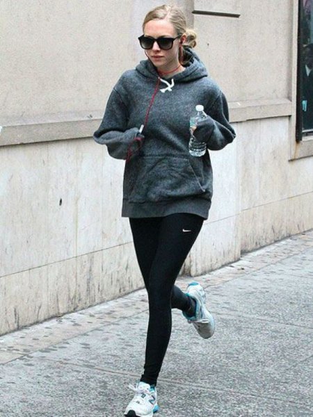 gray relaxed fit hoodie and black running leggings