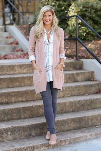 Blush pink feather duster sweater with a blue and white plaid tunic top