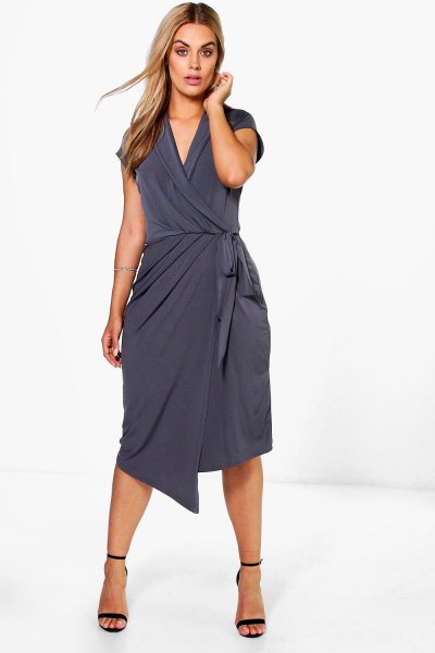 Gray loose-fitting midi wrap dress with waistband