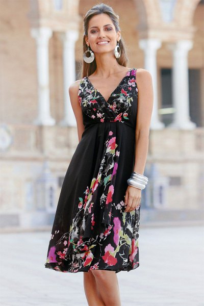 Black fit wrap dress with flared midi floral print and V-neckline