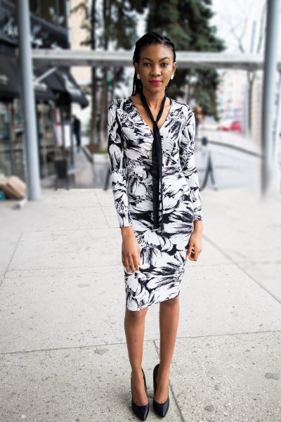 Black and white wrap dress with long sleeves, floral pattern and tie