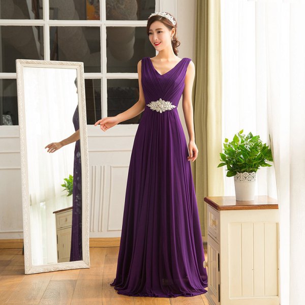 deep violet floor-length long dress with V-neckline and belt sleeves
