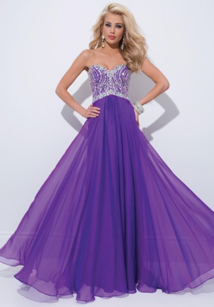 Silver and purple two tone flared fit floor length dress