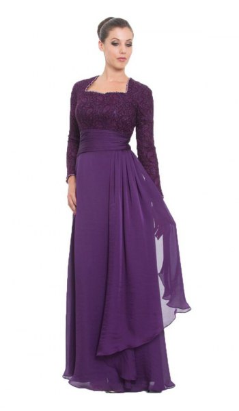 long purple sleeves two toned lace and chiffon dress