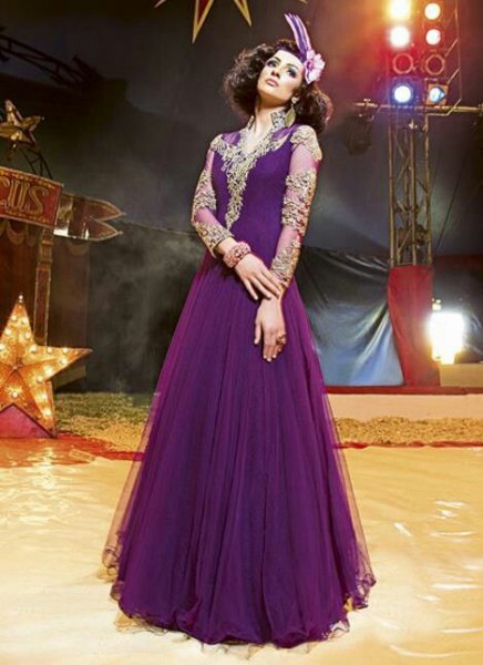 Chiffon purple semi-sheer floor length pleated flared dress