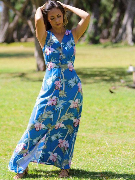 teal, blue and white floral print dress and hawaiian style sleeveless dress
