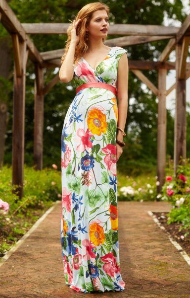 White red and blue floral printed hawaiian style fit and flare floor length dress