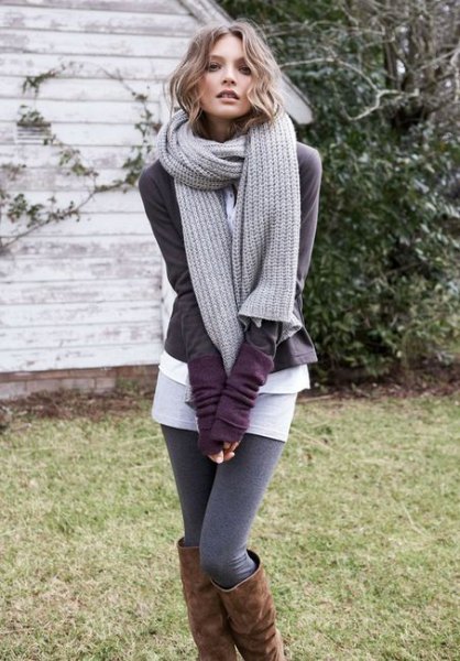 gray knitted scarf with cardigan and sweater leggings