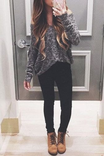 gray mottled gray sweater with camel lace-up boots