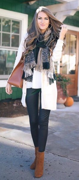 checked scarf with fringes, white blouse and cardigan
