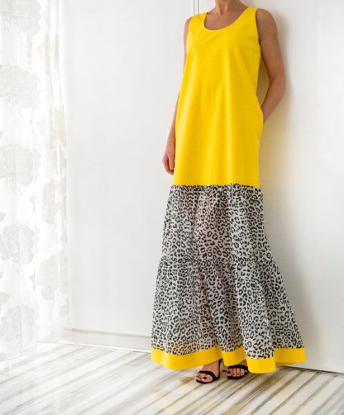 Yellow and leopard print color block maxi dress