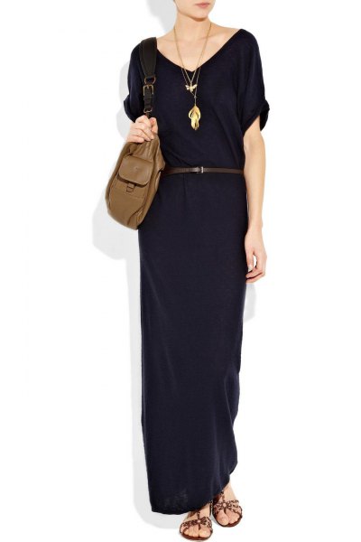 black short-sleeved sheath dress made of cotton with a maxi belt