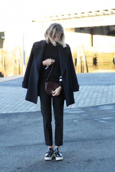 black wool coat with mock sweater and leather loafers